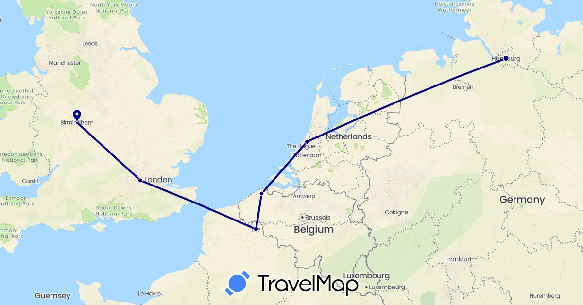 TravelMap itinerary: driving, train in Belgium, Germany, France, United Kingdom, Netherlands (Europe)